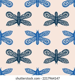 Retro butterfly seamless pattern. 70s style ecological insect garden wildlife wallpaper. Earthy decorative lepidoptera tile. 