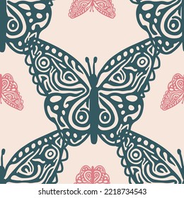 Retro butterfly seamless pattern. 70s style ecological insect garden wildlife wallpaper. Earthy decorative lepidoptera tile. 