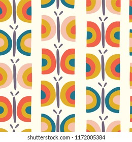 Retro butterfly seamless vector pattern background. Scandinavian seamless hand drawn butterflies in vintage style for girls, women, birthday card, fabric, nursery, gift wrap,banner, kids decor, paper