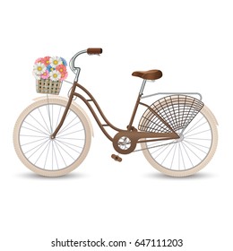 Retro bycicle with basket of flowers. Healthy lifestyle, fitness. Vector illustration EPS10.