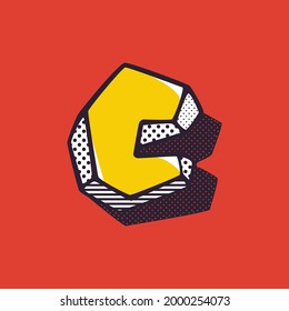 Retro 3d letter C logo with polka dot and striped pattern on the sides. Vector isometric font for kids labels, a magic toy company, impossible art posters, etc.