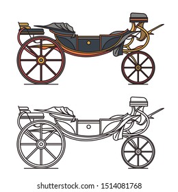 Retro cab or vintage carriage, medieval chariot or victorian transport. Vehicle for marriage or wedding. Wheeled waggon or coach. Royal buggy or cartoon calash. Contour and outline icon.Transportation