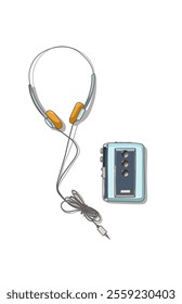 Retro Cable Headset and Cassette tape walkman music issolated on white 