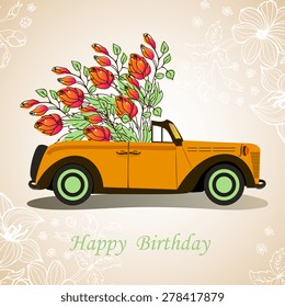 Retro cabriolet car. Happy Birthday. Car with flowers.