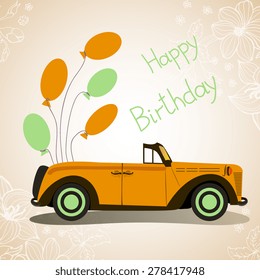 Retro Cabriolet Car. Happy Birthday. Car With Balloons.