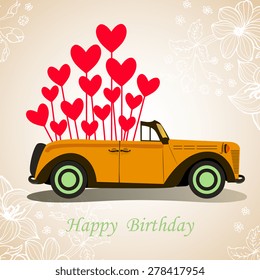 Retro cabriolet car. Happy Birthday. Car with hearts.