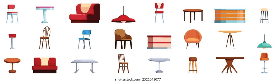 Retro Cafe Möbel Icons Set. Diese Vektorgrafik-Kollektion umfasst verschiedene Möbelelemente für Cafés, perfekt für Designer, die einladende und stilvolle Innenräume des Restaurants schaffen