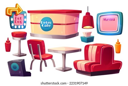 Mobiliario de café retro aislado de fondo blanco. Ilustración vectorial de sofá, mesa, silla, taburete, mostrador, lámpara, tablero de menús, señal de dirección iluminada. Elementos de diseño interior de bistrot