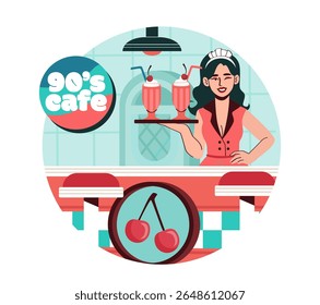 Cena de café retrô. Mulher no avental vermelho com bandeja com dois coquetéis. Cafeteria no estilo dos anos 90. De volta aos anos 80. Profissão de restauração. Bar ou pub. Ilustração de vetor plano
