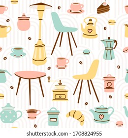 Retro cafe seamless pattern - cute romantic cafe bar illustration elements as repeat background in pastel colors