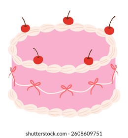 Retro Cake Groovy Design with Cherries and Ribbon bow isolated on white background.