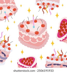 Retro cakes collection for birthday, wedding, valentine's day and other holiday. Vector cake background. Vintage cream cake pattern with decorations