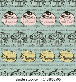 Retro cakes and text seamless pattern print background design - Vector