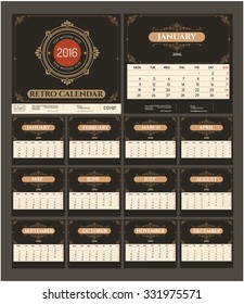 Retro Calendar 2016. Vector Templates all months & all day. Flourishes calligraphic emblem template and place for text. Sample  design calendar for Restaurant, Boutique, Hotel, Jewelry, Fashion
