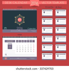 Retro Calendar 2016. Vector Templates all months & all day. Flourishes calligraphic emblem template and place for text. Sample design calendar for Restaurant, Boutique, Hotel, Jewelry, Fashion