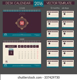 Retro Calendar 2016. Vector Templates all months & all day. Flourishes calligraphic emblem template and place for text. Sample design calendar for Restaurant, Boutique, Hotel, Jewelry, Fashion