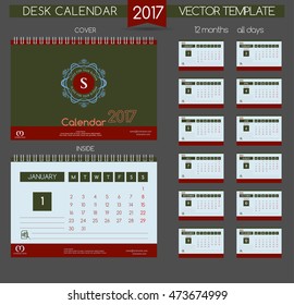 Retro Calendar 2017. Vector Templates all months & all day. Flourishes calligraphic emblem template and place for text. Desk Calendar. 