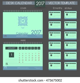 Retro Calendar 2017. Vector Templates all months & all day. Flourishes calligraphic emblem template and place for text. Desk Calendar. 