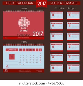 Retro Calendar 2017. Vector Templates all months & all day. Flourishes calligraphic emblem template and place for text. Desk Calendar. 