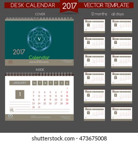 Retro Calendar 2017. Vector Templates all months & all day. Flourishes calligraphic emblem template and place for text. Desk Calendar. 