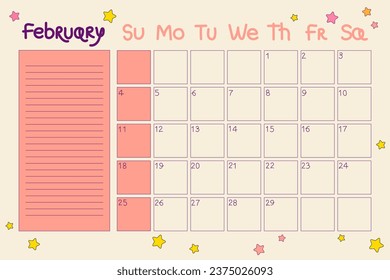 Retro calendar 2024. February. Planner with dates and notes in doodle style. Cute and cartoony design in hippie style. Vector illustration with editable stroke. Fun glider with stars