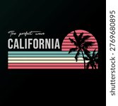 Retro California beach graphic featuring a striped sunset, palm tree silhouettes, and bold typography with “The perfect wave California” in a vibrant coastal style.