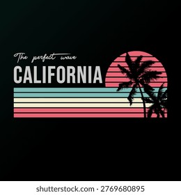 Retro California beach graphic featuring a striped sunset, palm tree silhouettes, and bold typography with “The perfect wave California” in a vibrant coastal style.