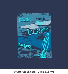 Retro California beach surfing rider summer grunge poster design