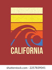 Retro California Beach wave sunset colourful poster graphic design for t shirt print vector