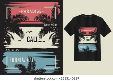 Retro California paradise T shirt design featuring palm trees, birds, and bold typography. Vibrant beach vibes perfect for summer, surfing, and coastal lifestyle apparel.