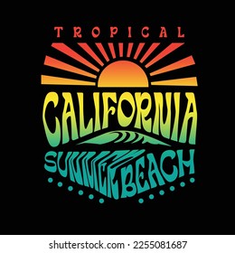 Retro California Summer Beach Sun colourful typography t shirt graphic design vector