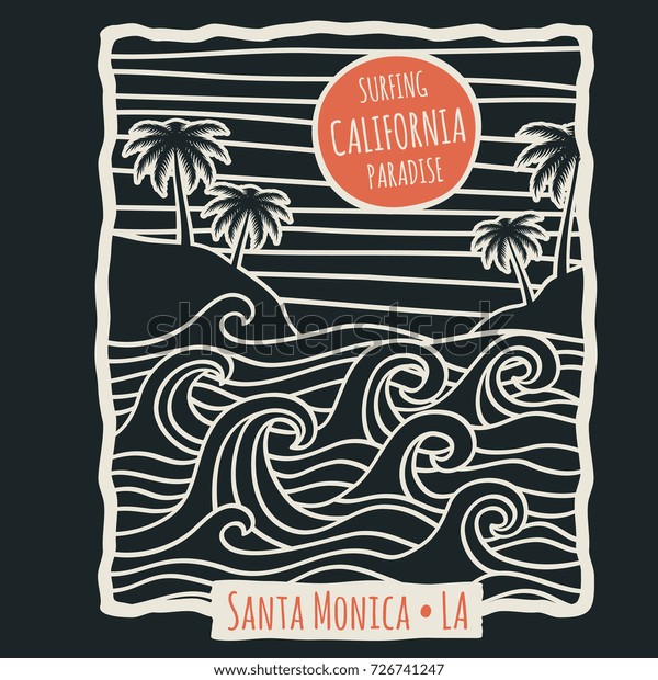 レトロカリフォルニア州の夏のビーチサーフベクター画像tシャツのベクター画像デザインとヤシの木と海の波 サーフィンビーチビンテージイラスト のベクター画像素材 ロイヤリティフリー