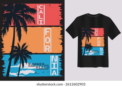 Retro California summer beach T-shirt design with palm trees, vibrant sunset colors, and bold vertical text. Perfect for surfing, beachwear, and summer-themed apparel.