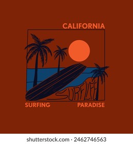 Retro California Surfing Paradise summer beach palm tree graphic tee