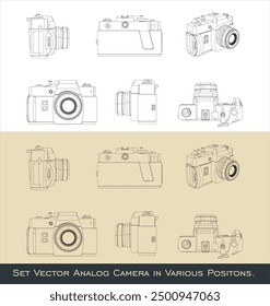 Cámara retro analógica clásica. Dibujo de línea de Vector desde todas las vistas 