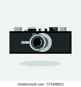 Retro camera black and silver. Flat vector illustration. Side view.