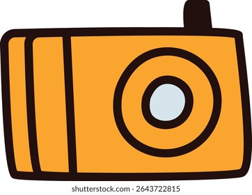 A retro camera with bold outlines and simple shapes. The vintage style camera has a large lens and a viewfinder. Cartoon vector illustration.