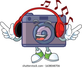Retro camera cartoon character design Listening music on a headset