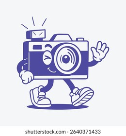 A retro camera character with sneakers, smiling and ready for a fun, dynamic action in a lively cartoon design.