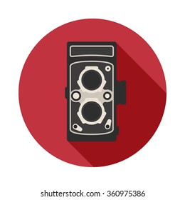 Retro camera circle icon with long shadow. Flat design style. Camera simple silhouette. Modern, minimalist, round icon in stylish colors. Web site page and mobile app design vector element.
