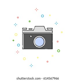 Retro camera color thin line icon on white background. 