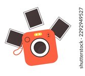 Retro camera, digital photo cam with blank snaphots. Photocamera, optical device of 2000s for moment photos. Flat vector illustration isolated on white background