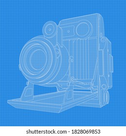 Retro camera drawing. Different angle and 3D projection of retro camera on blueprint. Vintage photocamera vector drawing
