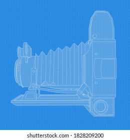 Retro camera drawing. Different angle and 3D projection of retro camera on blueprint. Vintage photocamera vector drawing