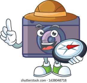 A retro camera explorer cartoon design having a compass