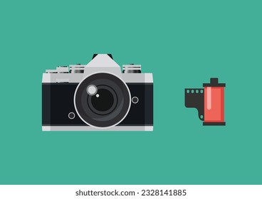 Retro camera with film roll in a flat style. Vector illustration