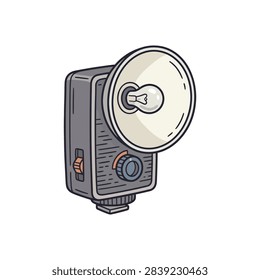 A retro camera flash unit with a bulb and reflector, depicted in a hand-drawn illustration style.