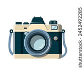 Retro camera in flat style. Old camera with strap. Vector illustration. Vintage Camera image. Isolated on white background