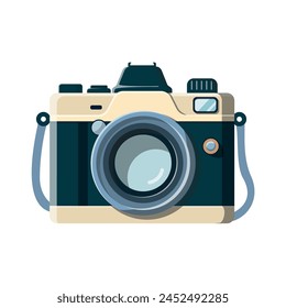 Retro camera in flat style. Old camera with strap. Vector illustration. Vintage Camera image. Isolated on white background