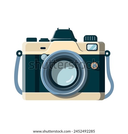 Retro camera in flat style. Old camera with strap. Vector illustration. Vintage Camera image. Isolated on white background